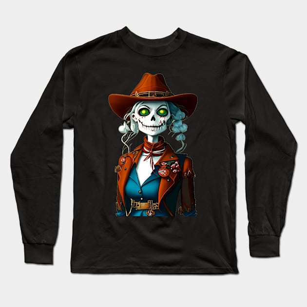 cowgirl, skeleton, western, cowboy, skull, halloween, vintage, country, country music, rodeo, yeehaw, howdy, bull skull, funny, texas, cowboy hat, retro, cowboy boots, cute, skull art Long Sleeve T-Shirt by FrogAndToadsWorkshop